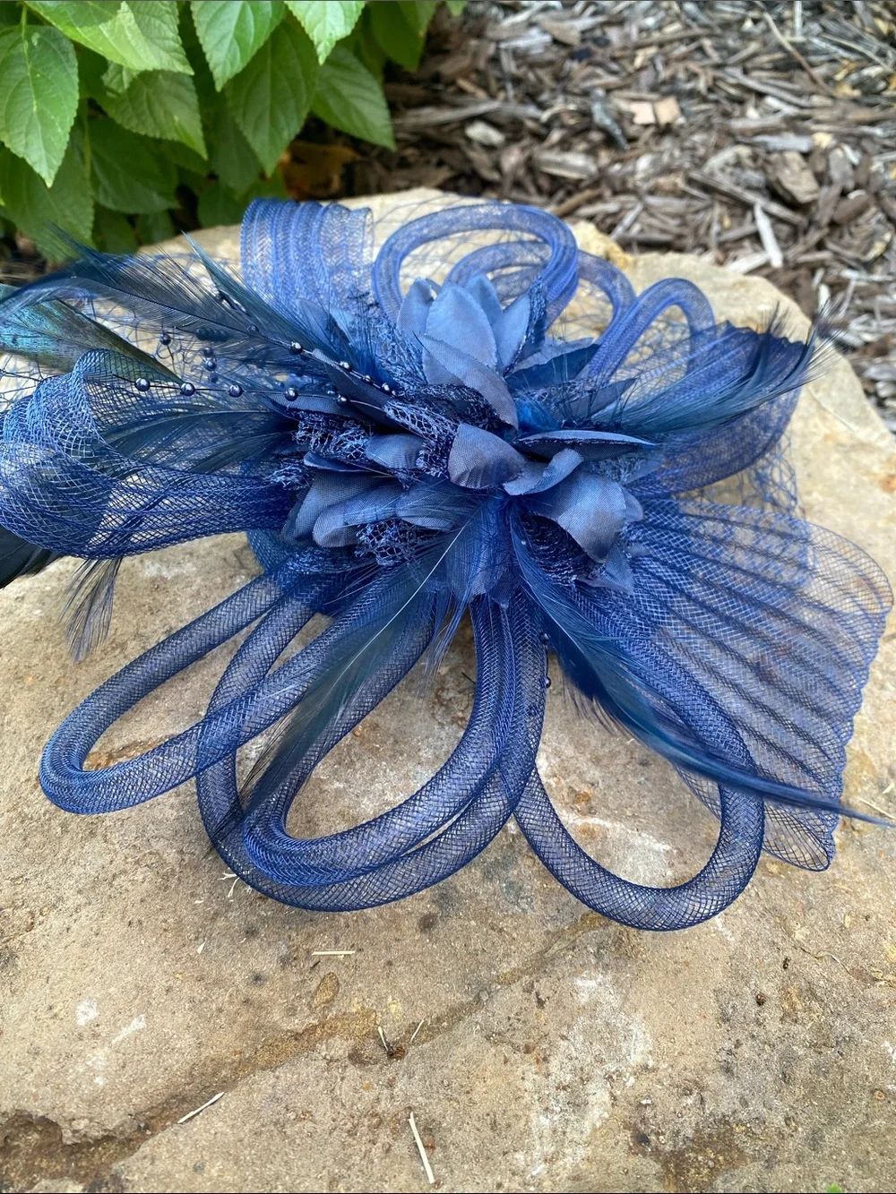 Navy Fascinator Headpiece with Feathers,Net Ribbons, Petals, Beads,Veil Clip On